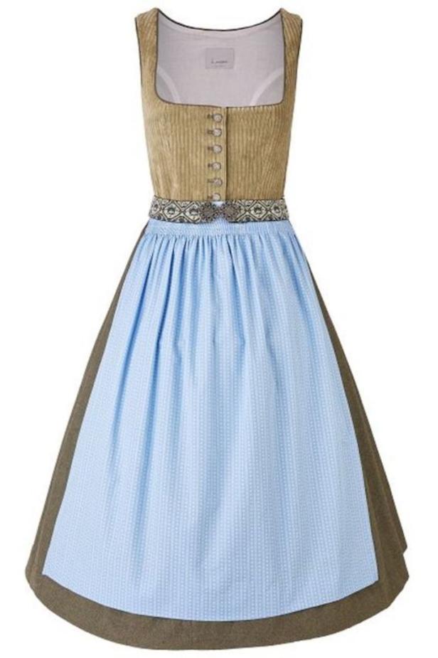Ein traditionelles Dirndl mit hellblauer Schürze und braunem Mieder.