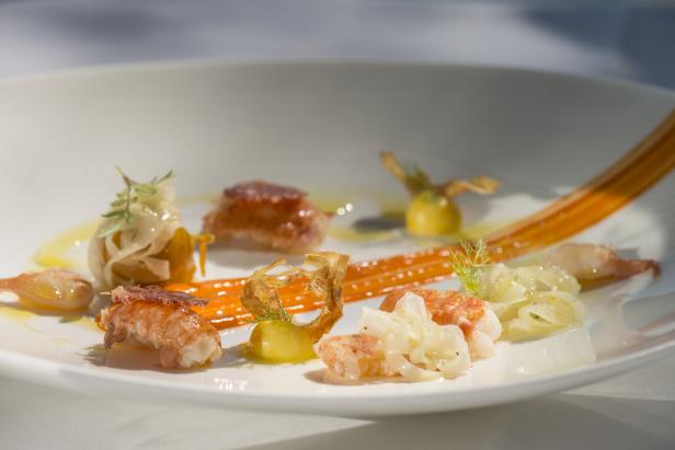 Ein Teller mit kunstvoll angerichteten Krabben, Gemüse und einer orangen Sauce.