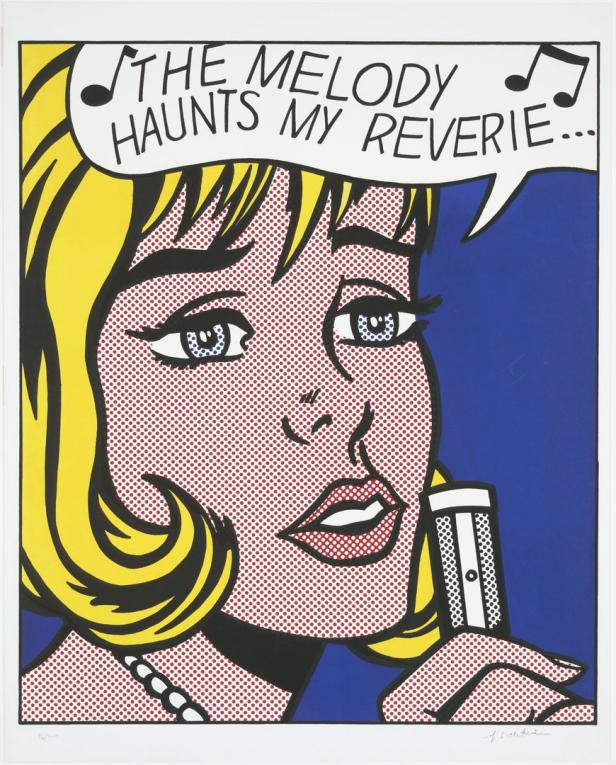 Ein Pop-Art-Gemälde einer blonden Frau, die „The melody haunts my reverie…“ denkt.