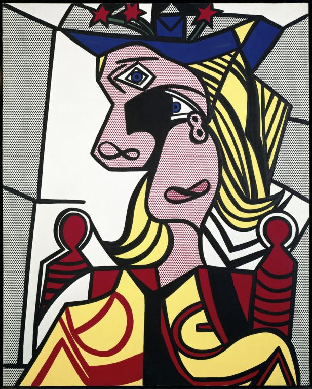 Das Gemälde „Femme d’Alger“ von Roy Lichtenstein zeigt eine stilisierte Frau mit Hut.