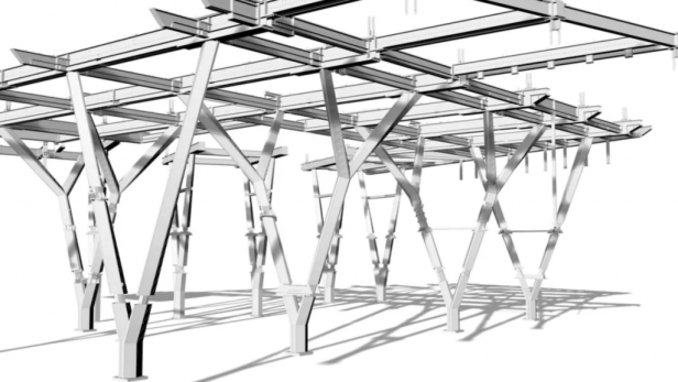 Eine Stahlkonstruktion, möglicherweise ein Dach oder eine Überdachung.