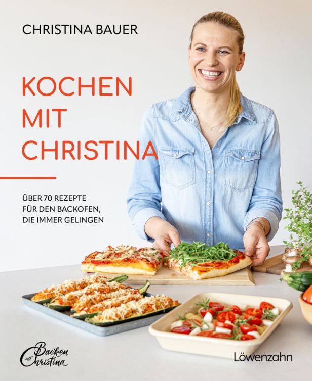 Das Cover des Kochbuchs „Kochen mit Christina“ von Christina Bauer mit Pizza- und Gemüsegerichten.