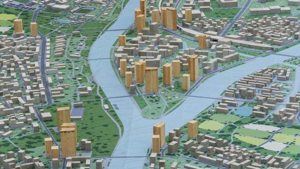 Ein Stadtmodell mit einem Fluss, umgeben von Gebäuden und Grünflächen.