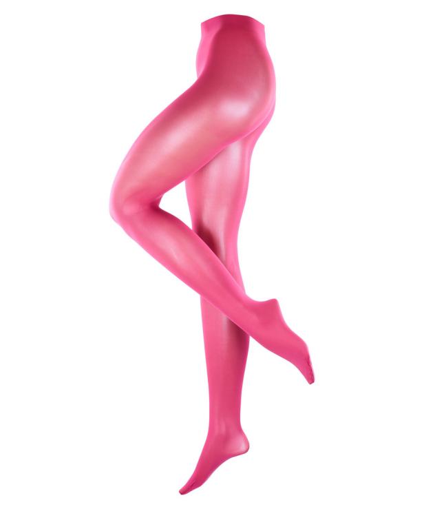 Ein Schaufensterpuppenbein, das eine leuchtend rosa Strumpfhose trägt.