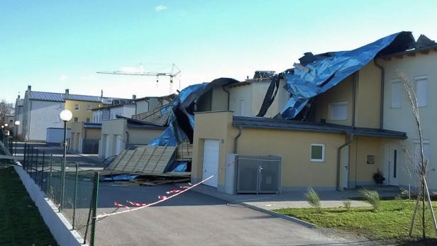 Ein Wohngebiet mit Häusern, deren Dächer durch ein Unwetter beschädigt wurden und mit blauen Planen abgedeckt sind.