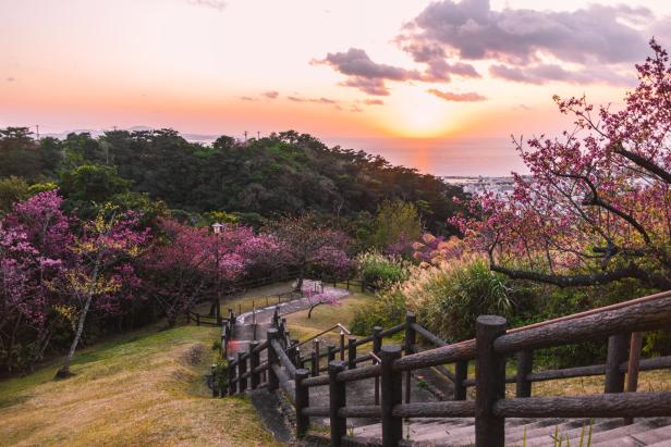 Blick von einem Hügel in Okinawa, Japan, auf das Meer bei Sonnenuntergang.