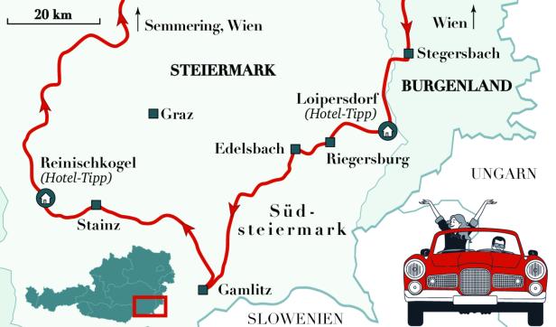 Eine Karte der Südsteiermark mit einer eingezeichneten Reiseroute.