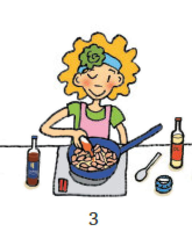 Lilli kocht Huhn und Brokkoli.