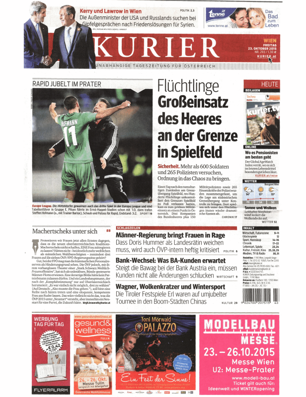 Titelseite der Zeitung „Kurier“ vom 23. Oktober 2015.