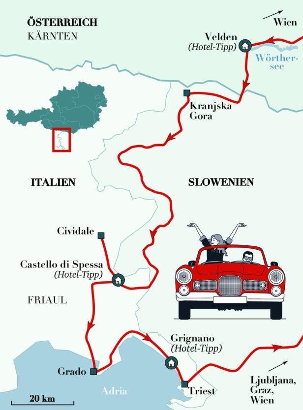 Karte von der 4-Tages-Route von Wien bis zur Adria.