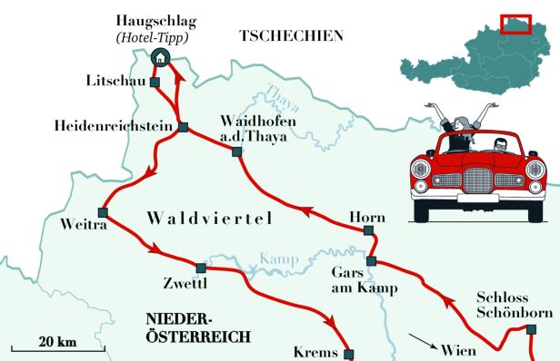 Eine Karte des Waldviertels in Niederösterreich mit einer eingezeichneten Reiseroute und einem roten Auto.