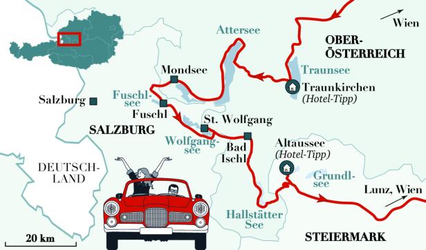 Eine Karte der Region um Salzburg mit einer Reiseroute, die durch verschiedene Seen führt.