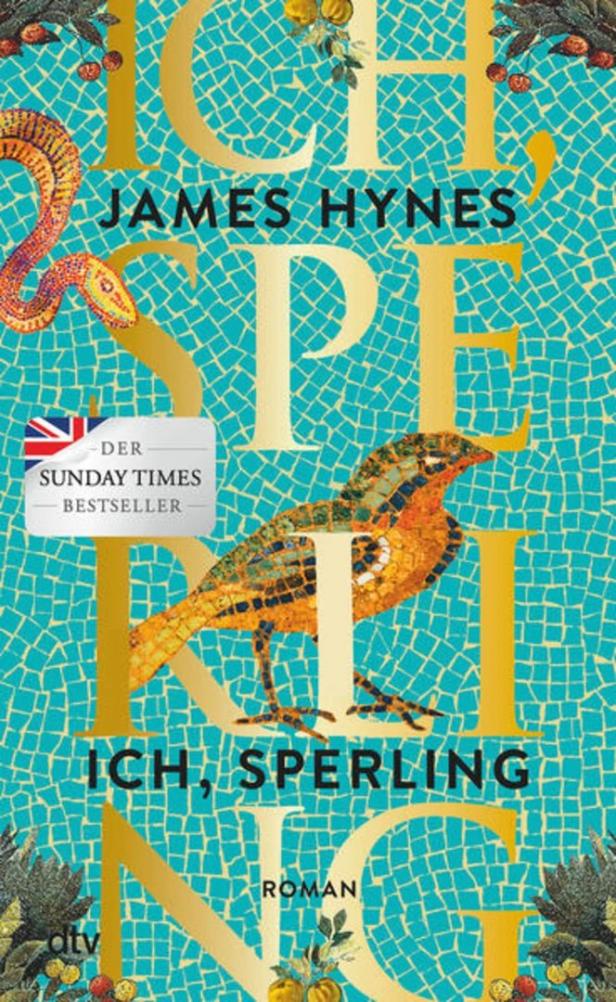 Das Buch „Ich, Sperling“ von James Hynes mit einer Mosaikdarstellung eines Vogels auf dem Cover.