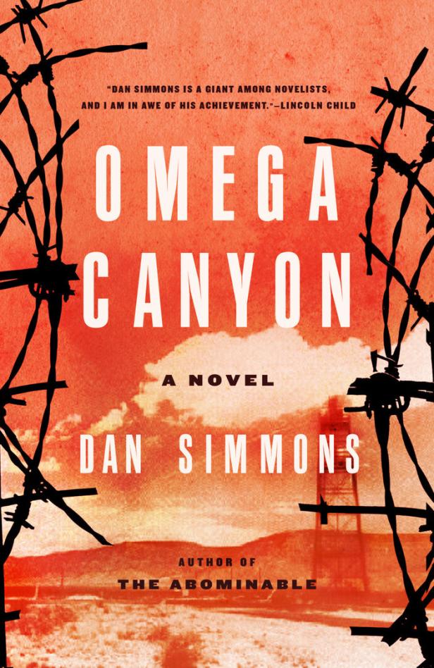 Das Buchcover von „Omega Canyon“ von Dan Simmons zeigt Stacheldraht vor einer Wüstenlandschaft.