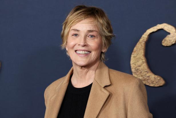 Sharon Stone lächelt in einem braunen Mantel.