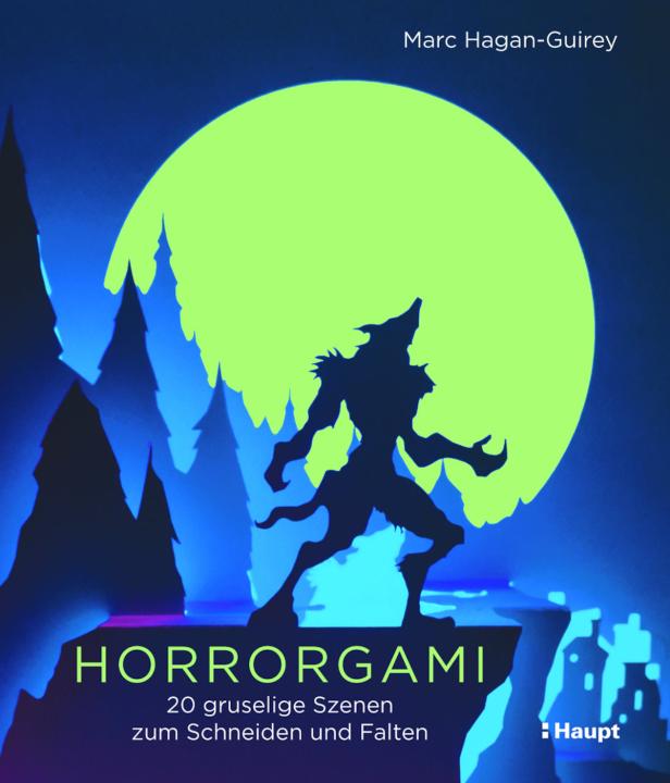 Das Cover des Buches „Horrorgami“ zeigt einen Werwolf vor einem Vollmond.