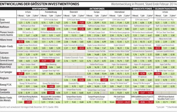 Eine Tabelle mit der Wertentwicklung verschiedener Investmentfonds, Stand Februar 2014.