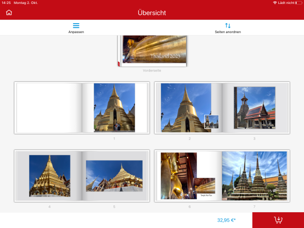 Ein digitales Layout eines Fotobuchs mit Bildern von Tempeln in Thailand.