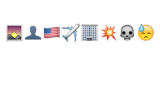 Eine Reihe von Emojis, die eine Tragödie andeuten, darunter ein Flugzeug, ein Gebäude und eine Explosion.