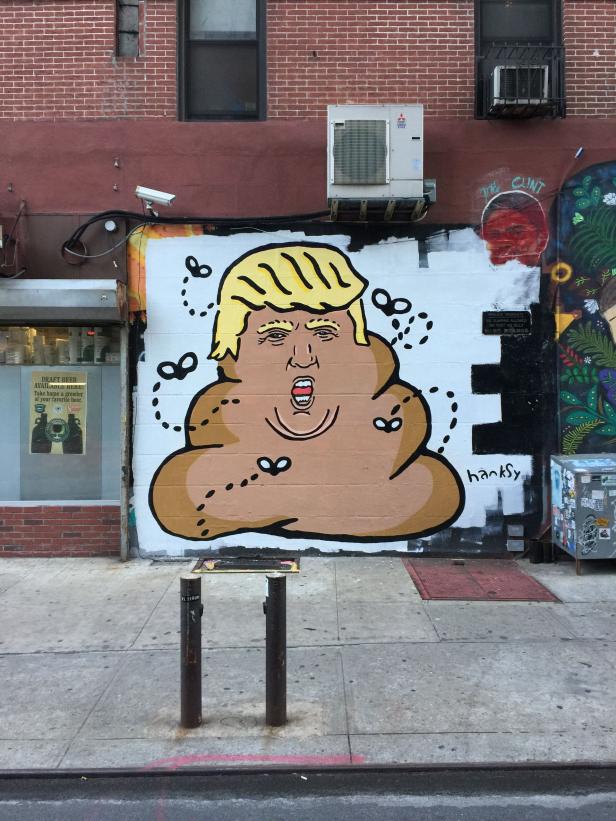 Ein Graffiti an einer Hauswand zeigt Donald Trump als Kothaufen, umgeben von Fliegen.