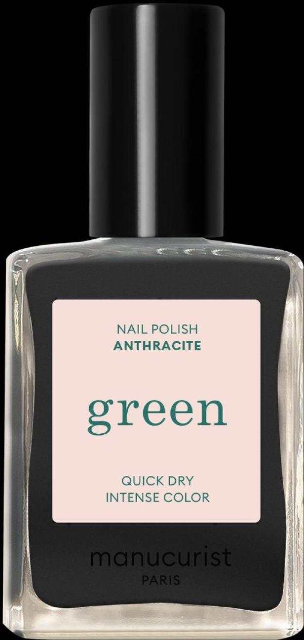 Eine Flasche anthrazitfarbener Nagellack der Marke Manucurist Paris.