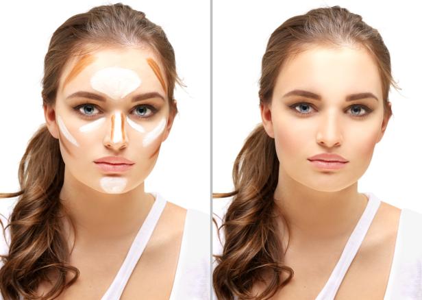Eine Frau zeigt den Vorher-Nachher-Effekt von Contouring-Make-up.