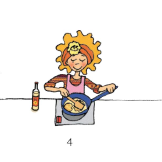 Eine Frau mit lockigem Haar und Stirnband kocht in einer Pfanne.