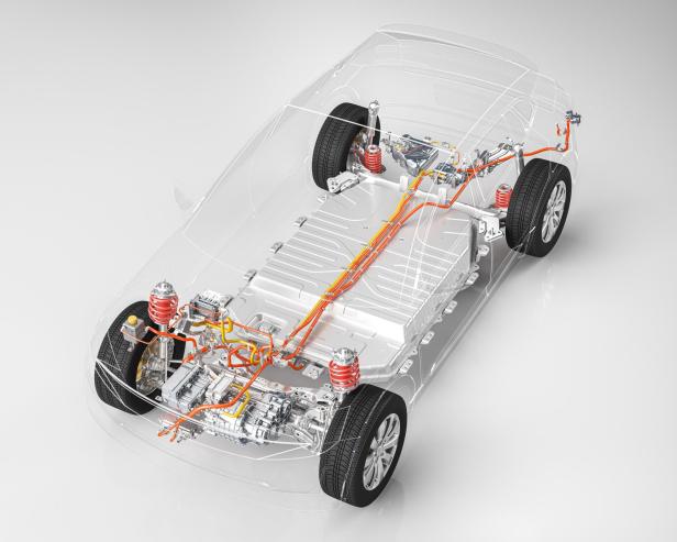 Modern electric car chassis x-ray vehicle battery in studio environment line art 3d render