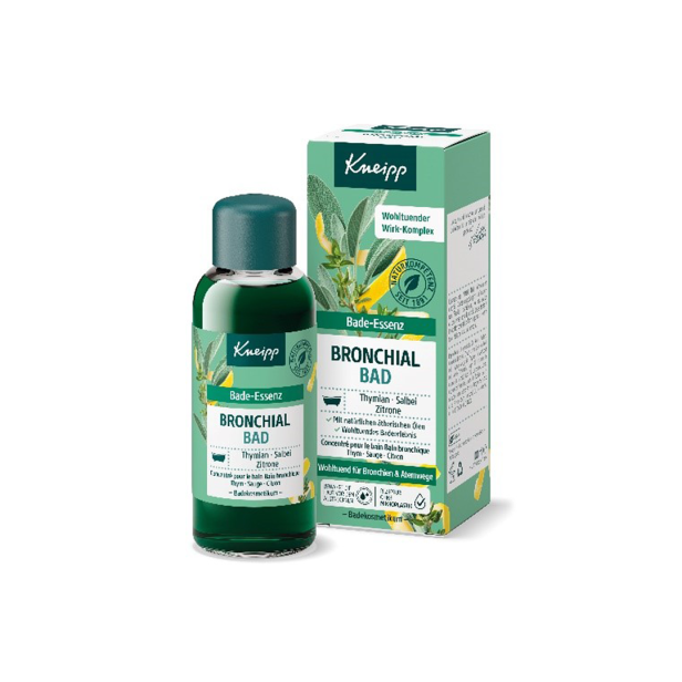 Eine Flasche und eine Verpackung Kneipp Bade-Essenz Bronchial Bad mit Thymian, Salbei und Zitrone.