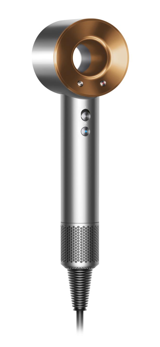 Ein silberner Dyson-Haartrockner mit einem kupferfarbenen Ring.