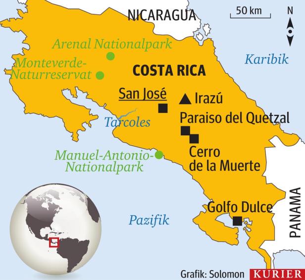Eine Karte von Costa Rica mit hervorgehobenen Nationalparks und Städten wie San José.