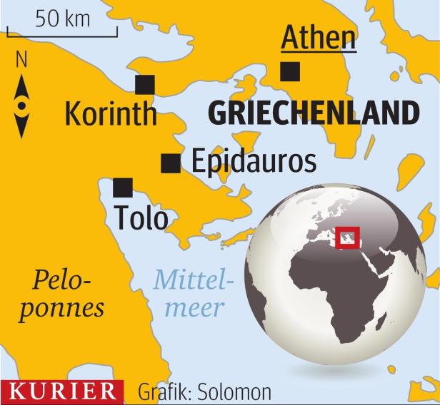 Eine Karte von Griechenland mit den Städten Athen, Korinth, Epidauros und Tolo.