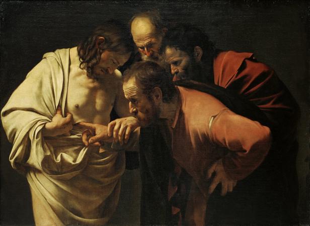 Das Gemälde „Die Ungläubigkeit des heiligen Thomas“ von Caravaggio zeigt Jesus, der seine Wunde zeigt.