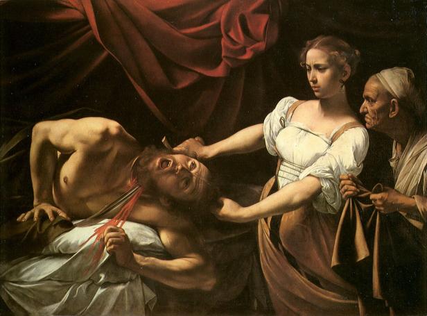Das Gemälde „Judith enthauptet Holofernes“ von Caravaggio zeigt Judith mit einem Schwert in der Hand, wie sie Holofernes enthauptet.