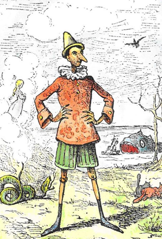 Eine Illustration von Pinocchio in einer fantastischen Landschaft mit Schlange, Katzen und einem riesigen Fisch.