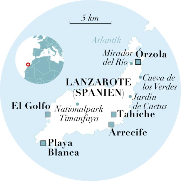 Eine Karte von Lanzarote, Spanien, mit hervorgehobenen Orten wie Arrecife und dem Nationalpark Timanfaya.