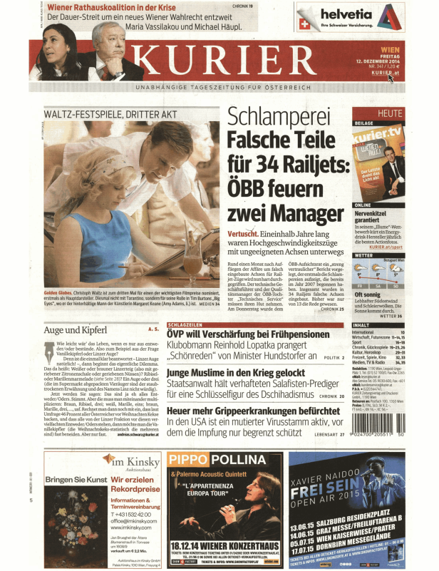 Titelseite der Zeitung „Kurier“ vom 12. Dezember 2014.