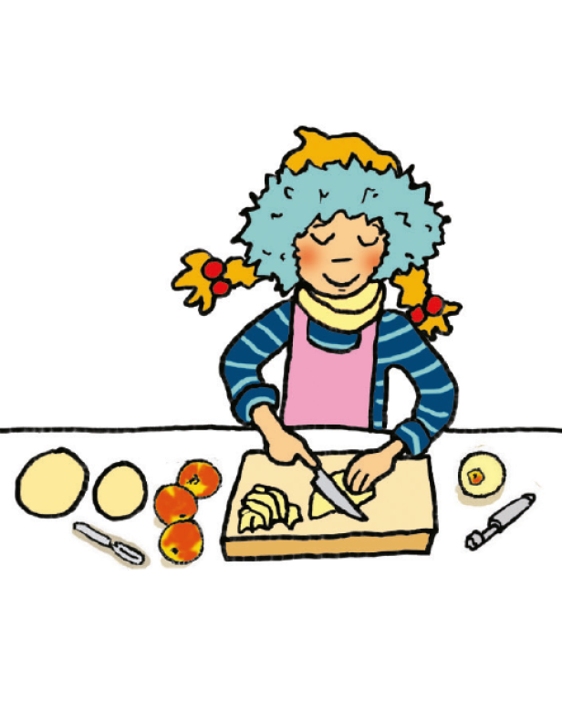 Eine gezeichnete Frau mit Zöpfen schneidet Äpfel auf einem Schneidebrett.
