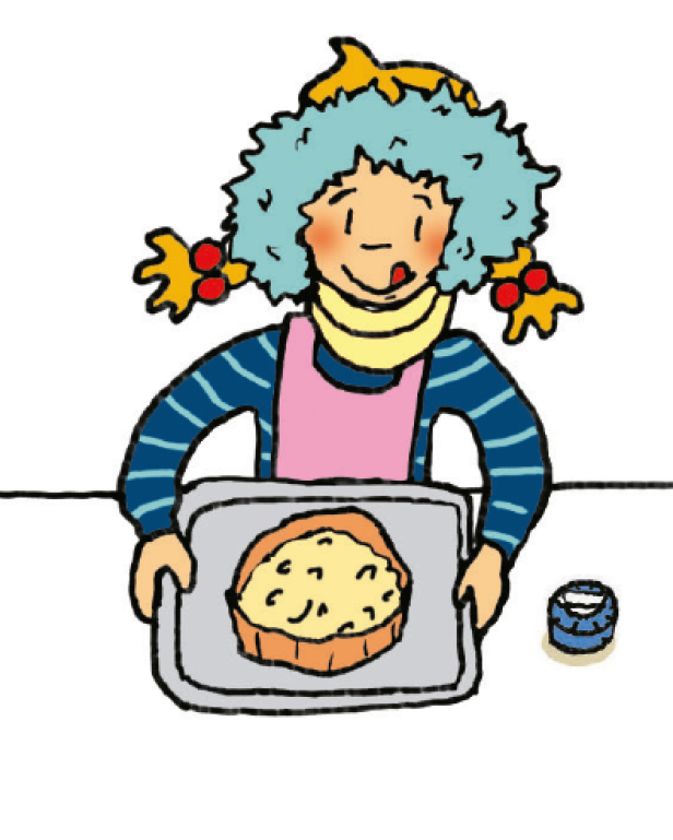 Ein Cartoon-Mädchen mit blauem Haar hält ein Backblech mit einem Kuchen.