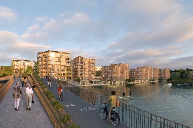 Rendering zur Zukunft der Korneuburger Werft mit Wohngebäuden und Fuß- und Fahrradwegen