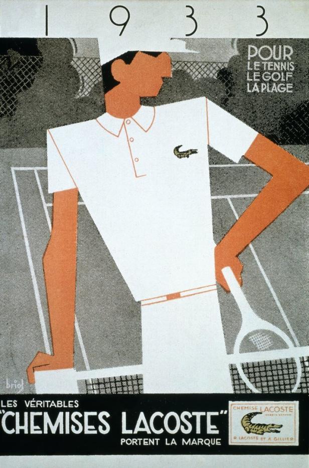 Ein stilisierter Mann im Lacoste-Polohemd mit Tennisschläger vor einem Tennisplatz, Anzeige von 1933.