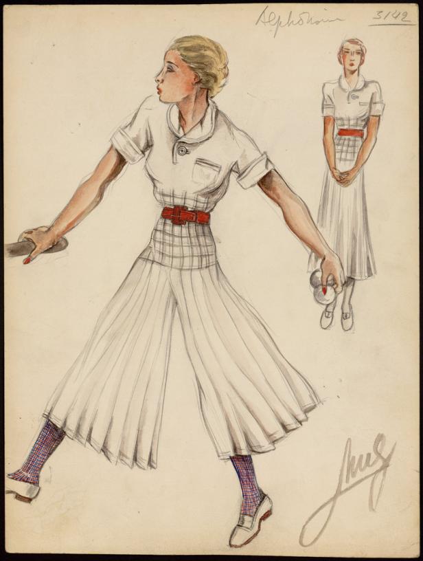 Eine Frau in einem weißen Hosenrock mit rotem Gürtel und karierten Socken, gezeichnet.