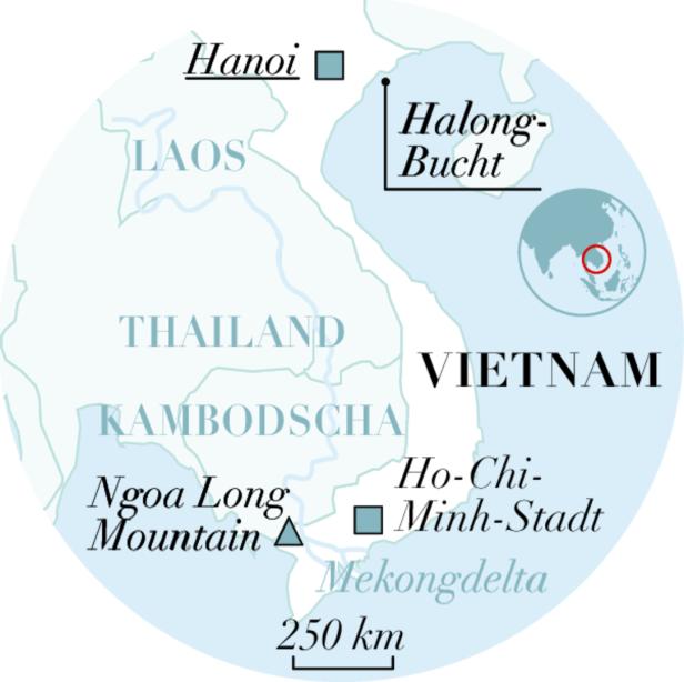 Eine Karte von Vietnam und angrenzenden Ländern mit Hanoi, der Halong-Bucht und dem Mekongdelta.