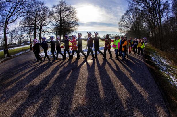 Eine Gruppe Menschen in Karnevalskostümen geht eine Straße entlang, ihre Schatten sind lang.
