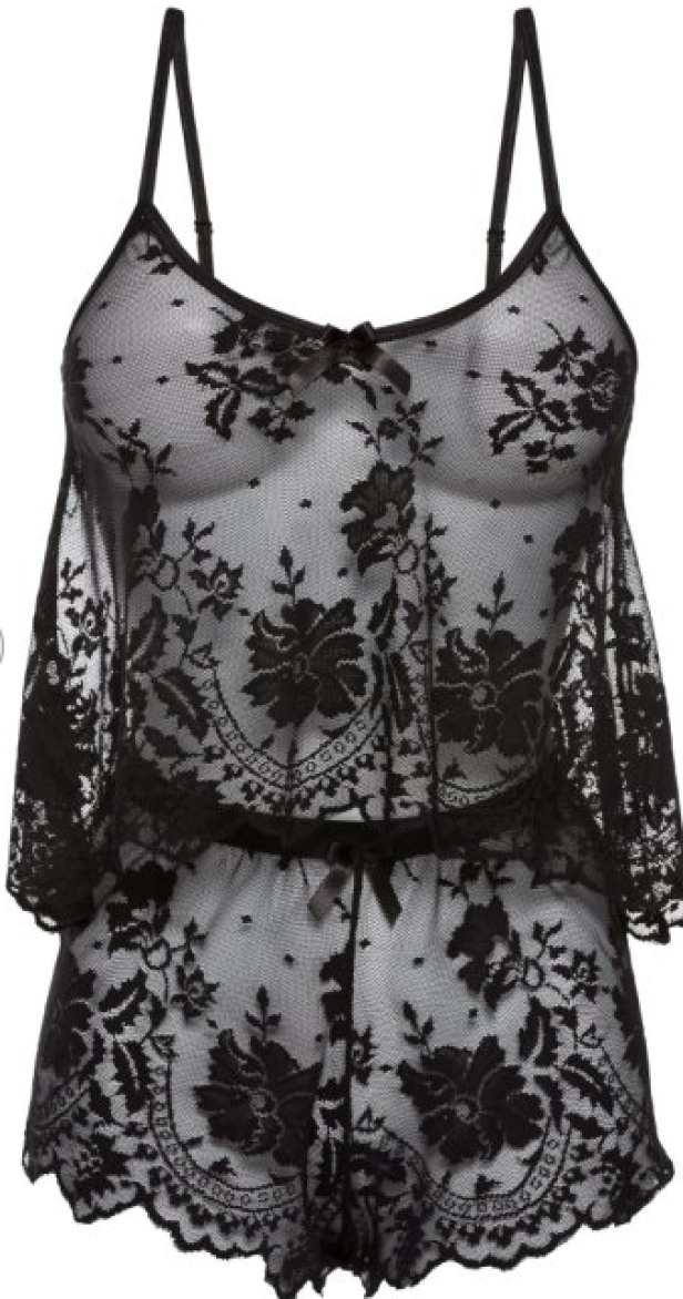Ein schwarzes, durchsichtiges Spitzen-Set aus Top und Shorty.