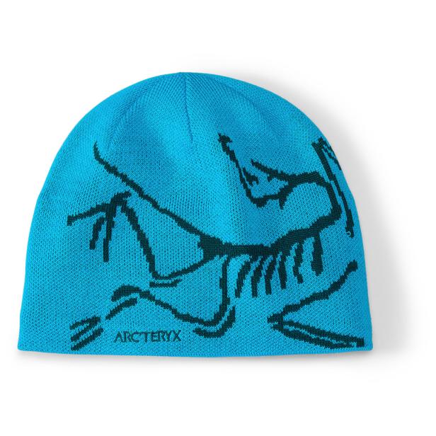 Eine blaue Mütze der Marke Arc'teryx mit einem dunklen Aufdruck.