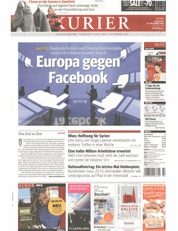 Titelseite des Kurier vom 24. Oktober 2015 mit Schlagzeilen zu Europa gegen Facebook und Flüchtlingen in Spielfeld.
