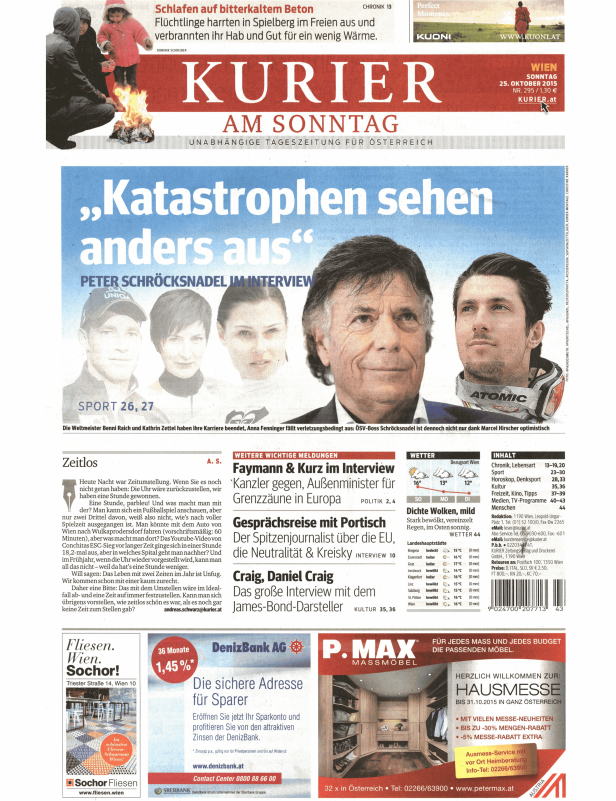 Titelseite des Kurier am Sonntag, 25. Oktober 2015.