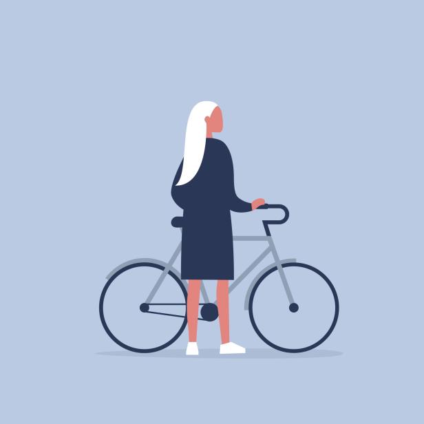 Young female character standing with a bike. Urban transport. Healthy lifestyle. Flat editable vector illustration, clip art