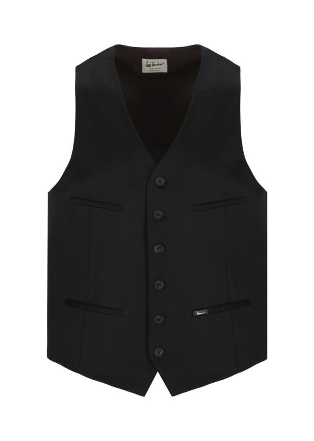 Eine schwarze Anzugweste mit fünf Knöpfen und angedeuteten Taschen.